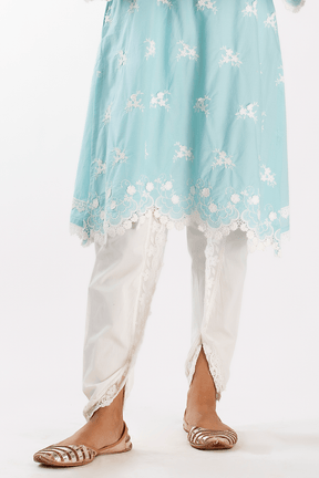 Mulmul Cotton Stella Turquoise Kurta With Net Dhoti White