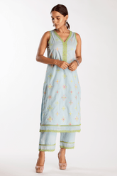 Mulmul Cotton Tryst Blue Kurta With Tryst Blue Pant