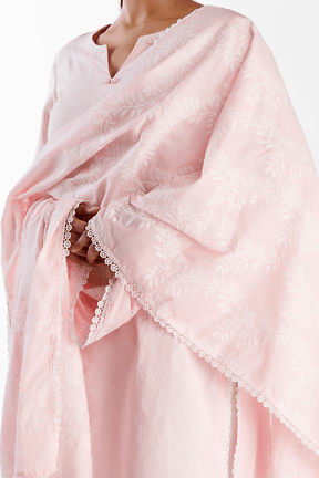 Mulmul Cotton Twilight Pink Kurta With Floral Organza White Pant