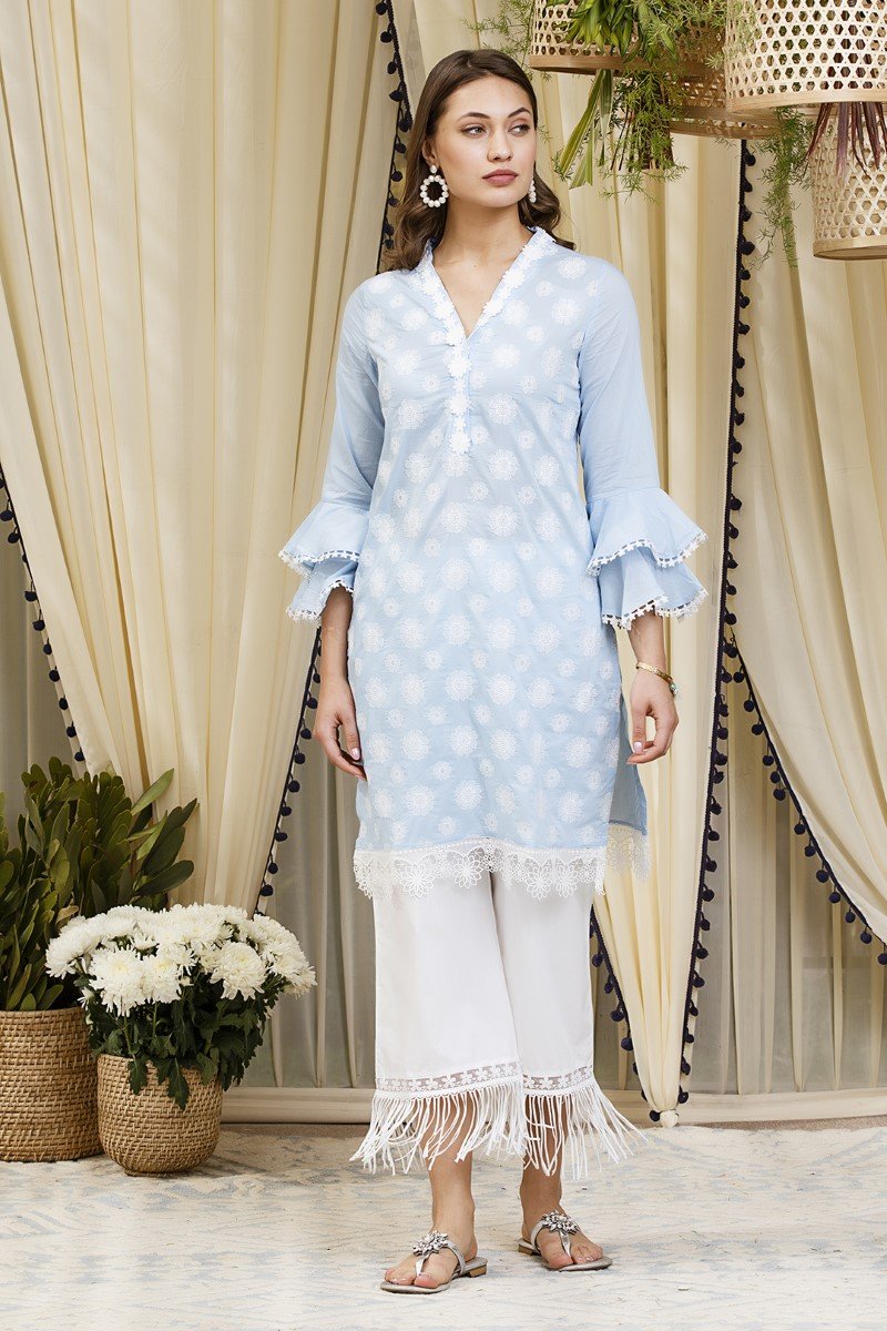 Buy Blue Printed Cotton Kurta with Off White Pants - Set of 2 | ABY404/ABY4  | The loom