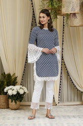Mulmul Cotton Aspen Navy Kurta With Embroidered Organza White Pants