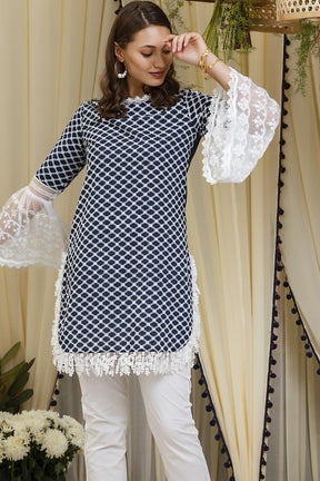 Mulmul Cotton Aspen Navy Kurta With Embroidered Organza White Pants