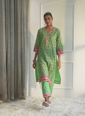 Mulmul Cotton Denise Green Kurta With Denise Green Pant