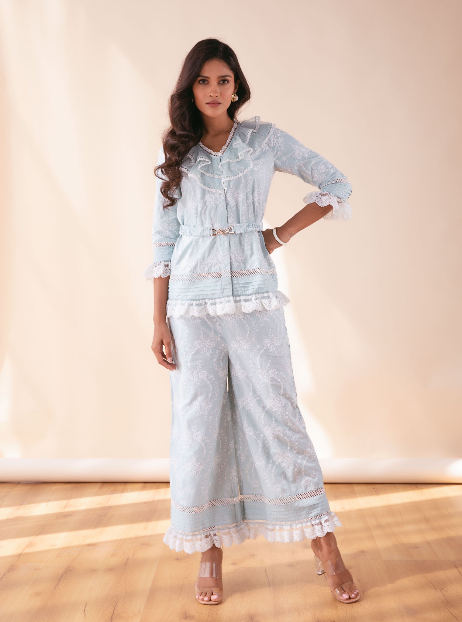 Mulmul Cotton Romily Blue Top With Romily Blue Culottes Pant